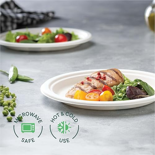 100% Compostable Paper Plates, Heavy Duty Disposable Plates [125-Pack] 9 Inch Plates - Eco-Friendly, Biodegradable Sugarcane Bagasse, Natural White 9" Sturdy Dinner Paper Plate Disposable