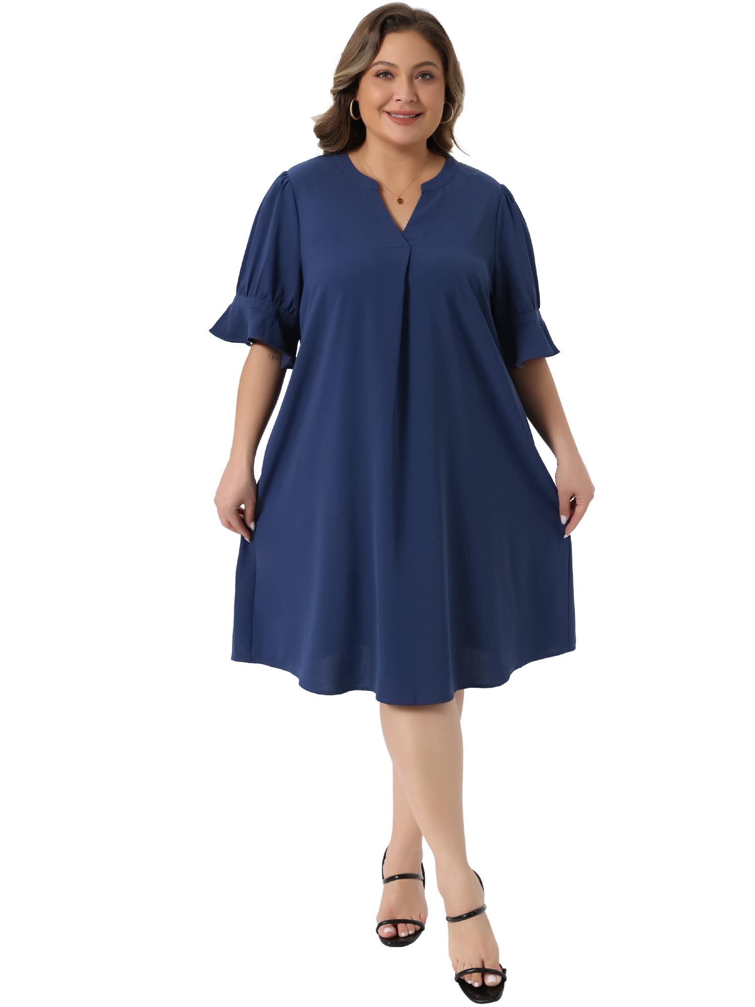 DARING DIVA Women's Plus Dresses Notch V Neck Bell Short Sleeve Casual Aline 1X Dark Blue