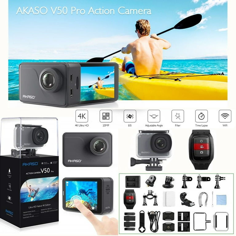AKASO V50 Pro Native 4K/30fps 20MP WiFi Action Camera with EIS Touch  Screen/Aujustable View Angle /Remote Control Sports Camera with Helmet  Accessories Kit +7 in 1 Action Camera Accessory 