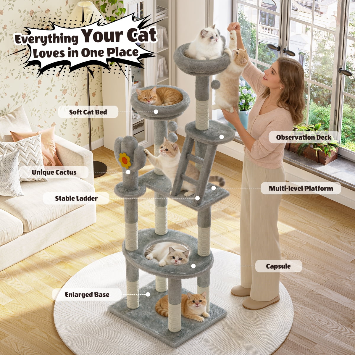 72in Cactus Cat Tree Tall Cat Tower Indoor Cats with Transparent Capsule Sisal Scratching Posts Gray