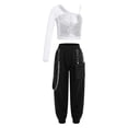 thumbnail image 1 of XUNZOO Kids Girls Mesh Long Sleeve One Shoulder Crop Top with Cargo Trousers Hip Hop Jazz Street Dance Performance Clothes Silver 6, 1 of 7