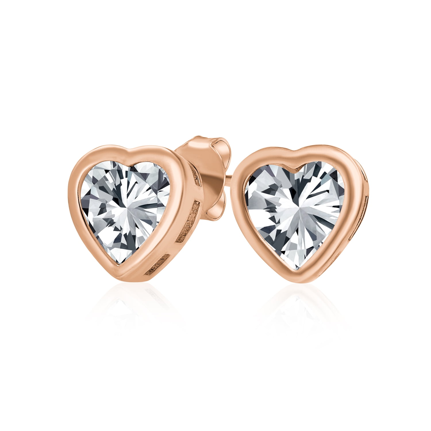 Rose Gold Plated Silver Stud Earrings Round Clear White CZ ~ April Birthstone 