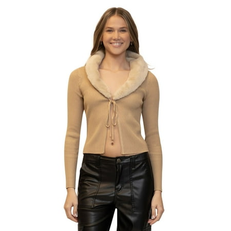 Juniors' madden girl Long Sleeve Faux Fur Shawl Collar Tie Front Rib Cardigan Color: Cedar Elm Size: X LARGE