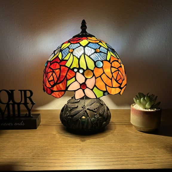 Tiffany Mini Table Lamp Red Orange Blue Stained Glass Rose Flowers Included LED Bulb Dragonfly Base for Living Room Dining Room Bedroom Bedside 12'H*8"W