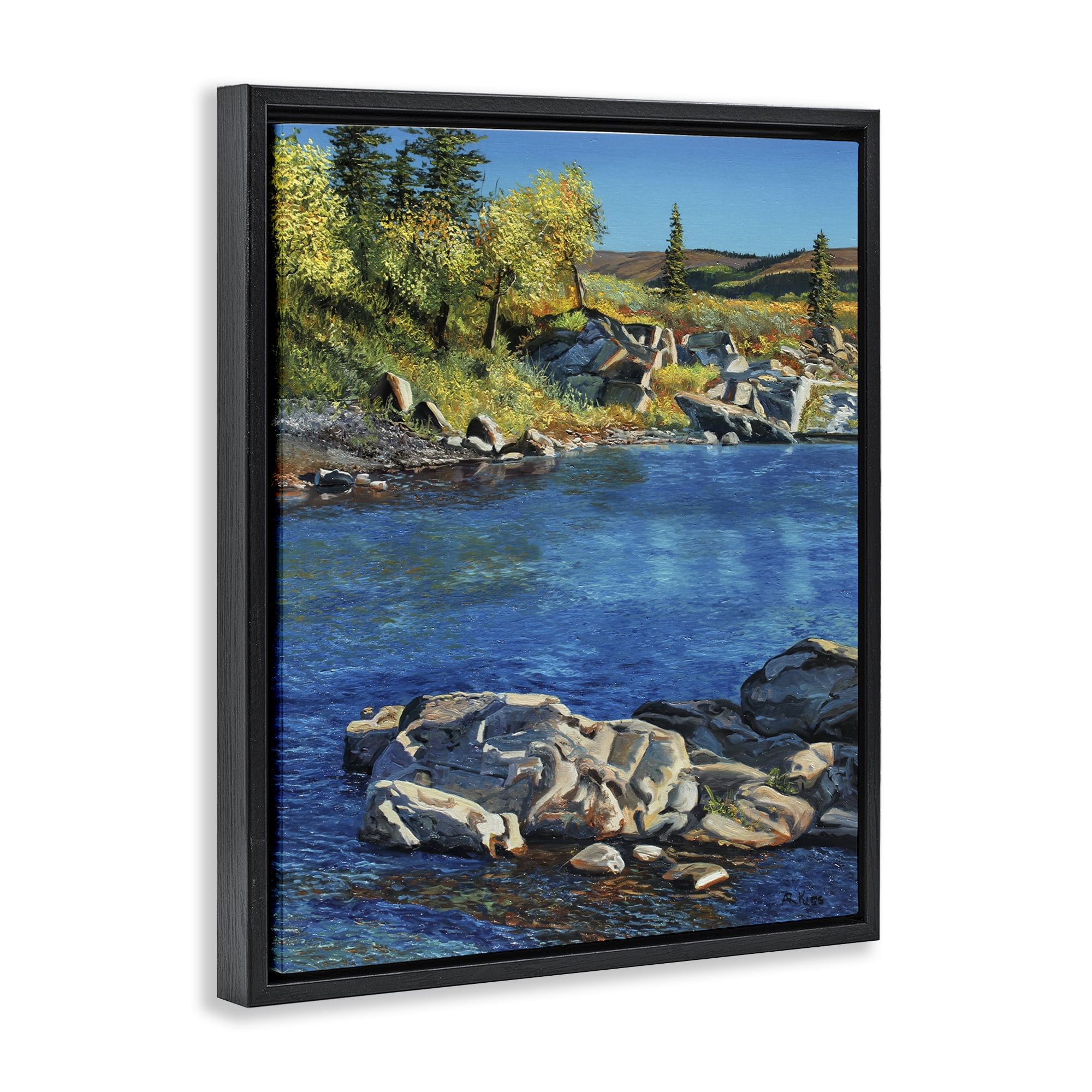 Stupell Industries Rocky River Landscape Landscape & Nature Painting Black Floater Framed Canvas Art Print Wall Art, 17 x 21