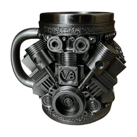V8 Engine Coffee Mug Mechanical Metal Gear Theme Industrial Style Stainless Steel Inner Cup Heavy-Duty Novelty Drinking Mug for Men Car Lover Gift Office Home Decor Cool Creative Cup
