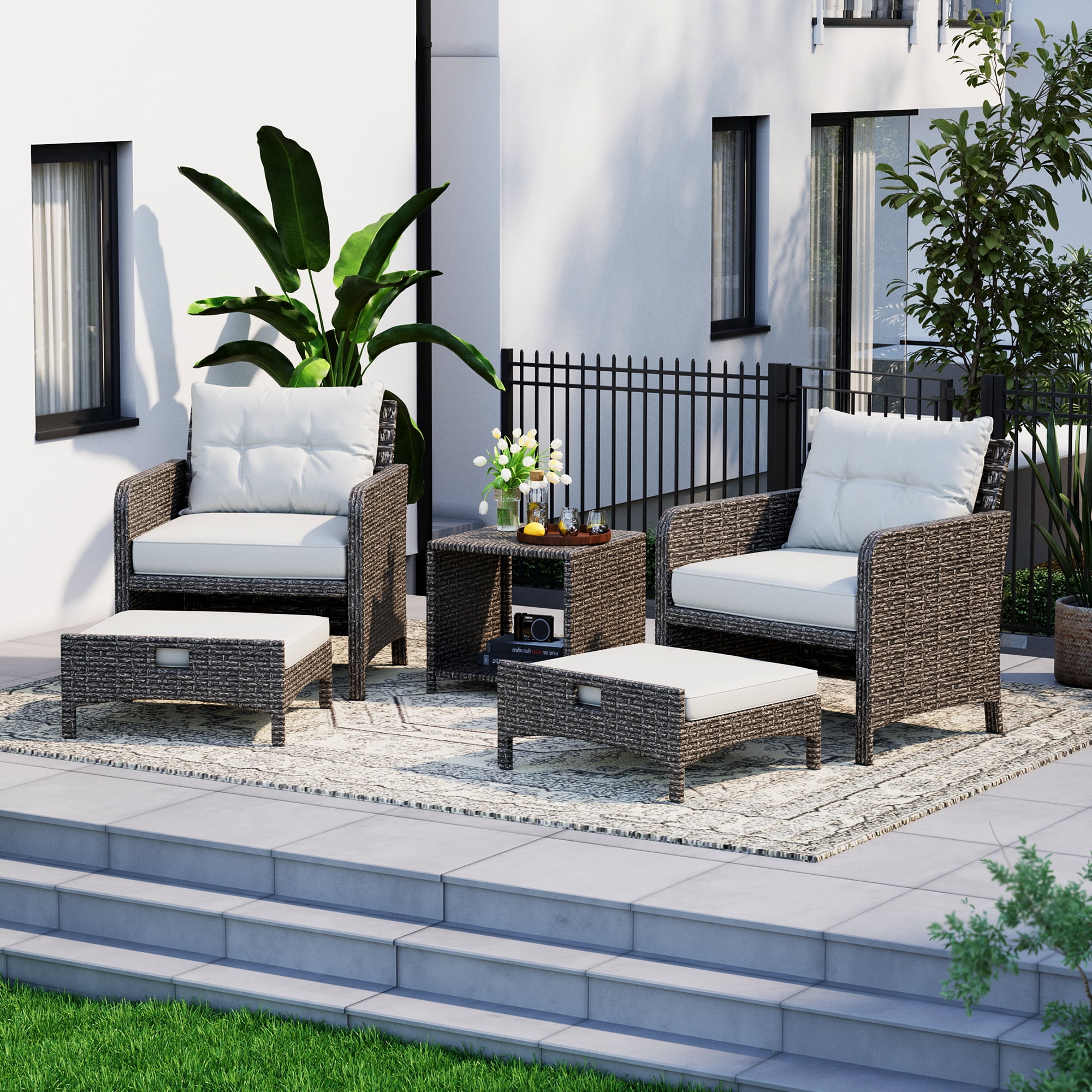 PAMAPIC 5 Pieces Wicker Patio Furniture Set Outdoor Patio Chairs with Ottomans (Gray)