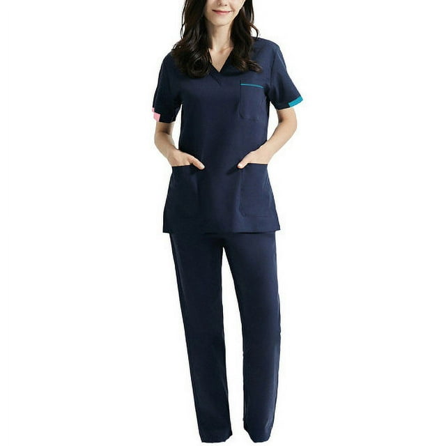 Ensemble de Sarraus pour Femmes, Haut de Sarrau à Col en V Extensible et Pantalon à Cordon avec 5 Poches, Anti-Froissement, Doux, Ensemble d'Uniforme d'Infirmière, Manches Courtes, Couleur Unie, Ensemble de Tenue Protectrice, Bleu Marine