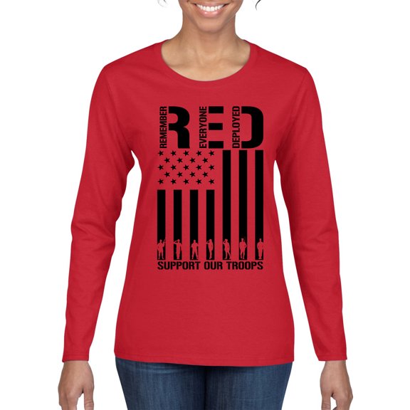 Wild Bobby Remember Everyone Deployed RED Support Our Troops Military Black Flag Women Graphic Long Sleeve Tee