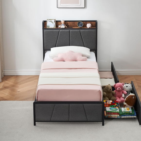 Eastvita Twin Bed Frame 2 Storage Compartments/Noise-Free Metal Support/Easy Assembly - No Box Spring Needed