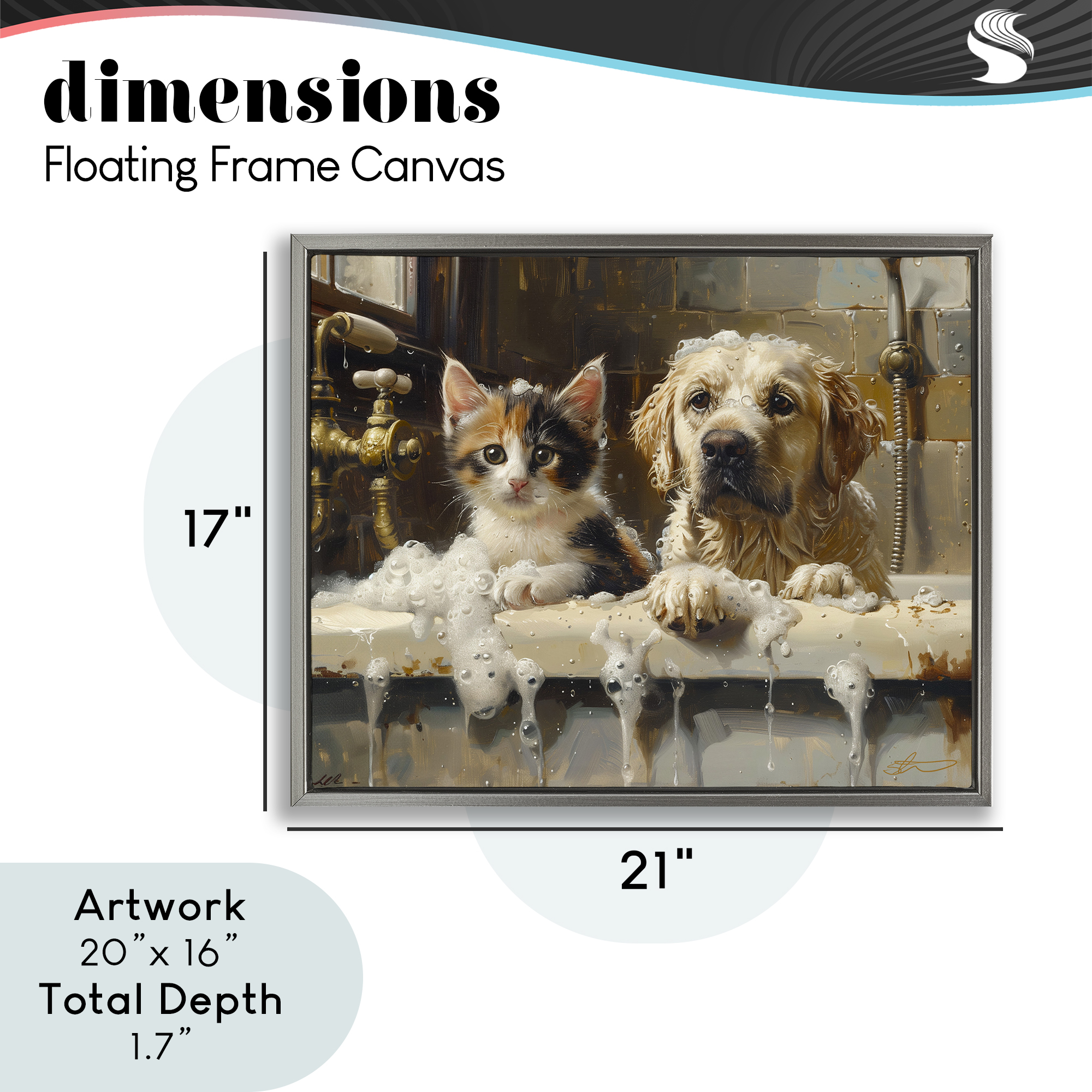 Bath Buddies Cat & Dog Gray Framed Floater Canvas Wall Art, design by Shawna Stewart
