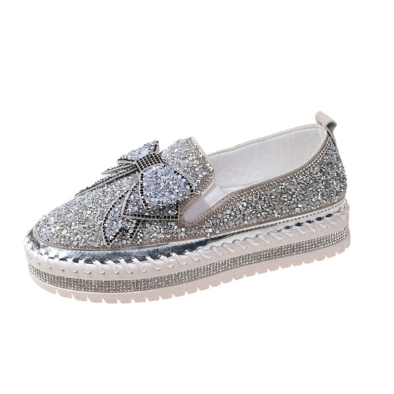 AUDeals Women’s Platform Rhinestone Glitter Slip On Sneakers Cute Bowknot Flat Walking Loafers Canvas Dress Shoes (Silver, 6.5)