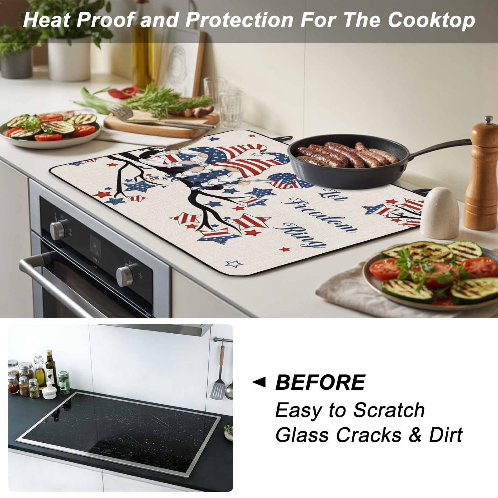 4th of July Stove Top Cover for Electric Stove,Heat-proof & Non Slip Glass Top Stove Cover Protector,Independence Day Gnomes Blue Red Star Tree Rustic Kitchen Flat Cooktop Rubber Mat 28.5x20.5 Inches