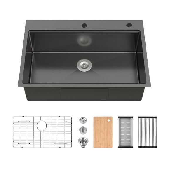 Cobbe Black 33 inches Multifunctional Drop-in Workstation Kitchen Sink, Stainless Steel Modern Single Bowl Kitchen Sink with Accessories