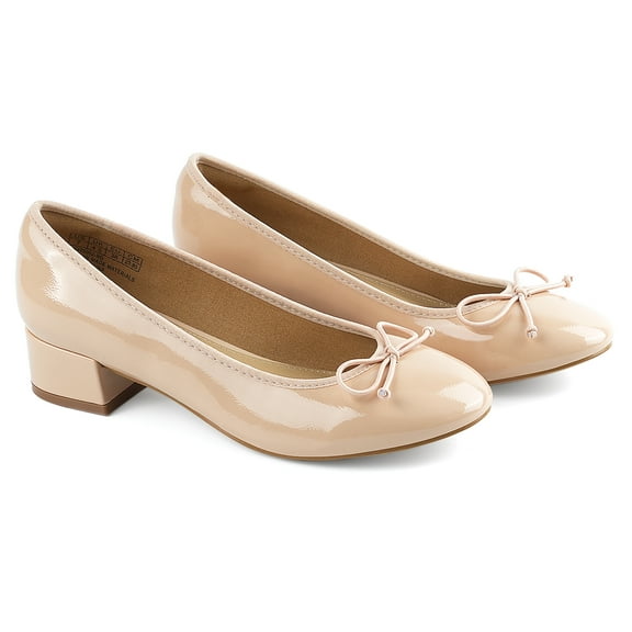 JENN ARDOR Women's Chunky Block Low Heels Bow Round Closed Toe Slip-On Bridal Wedding Dress Ballet Pumps Shoes