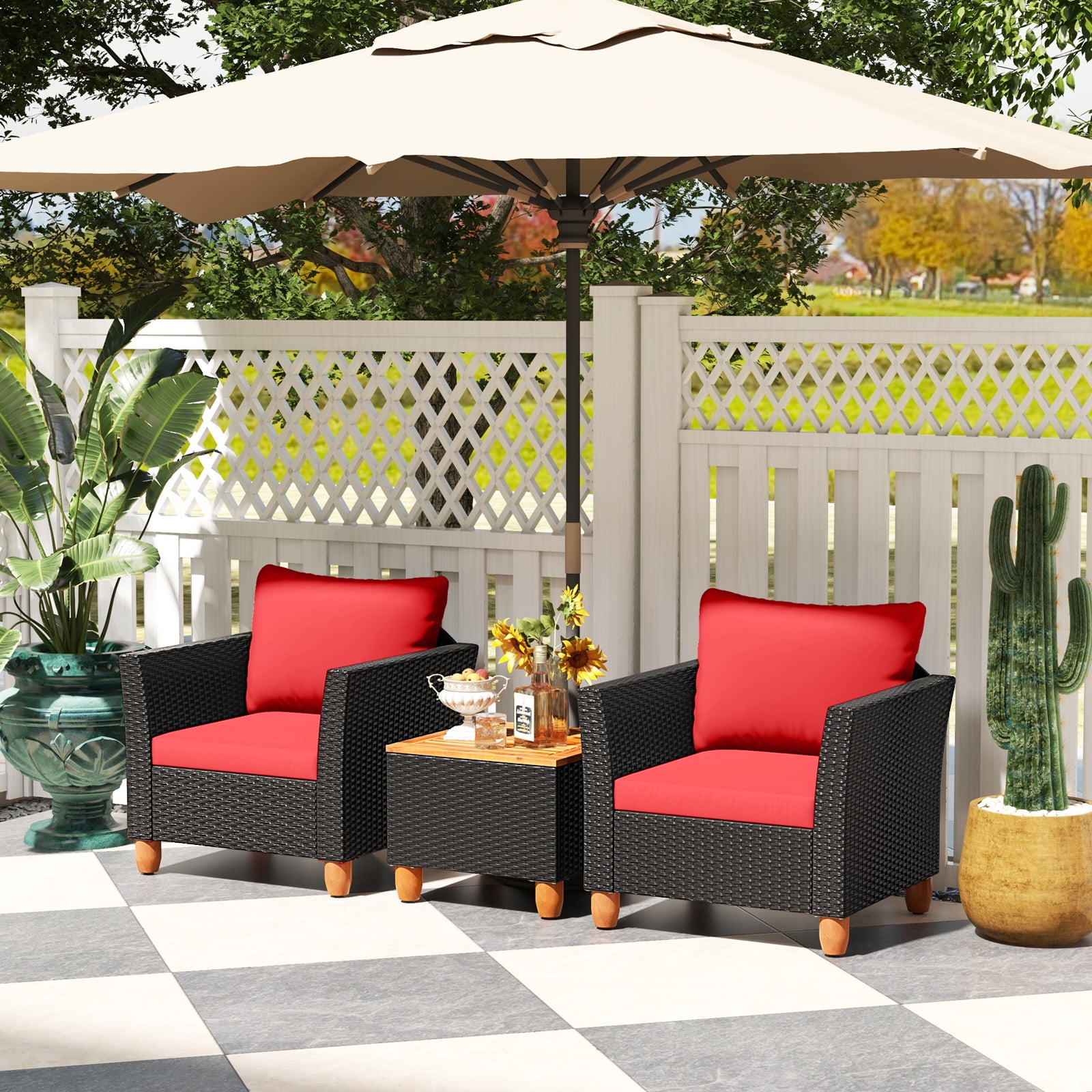 Costway 3PCS Outdoor Patio Rattan Furniture Set Wooden Table Top Cushioned Sofa Red