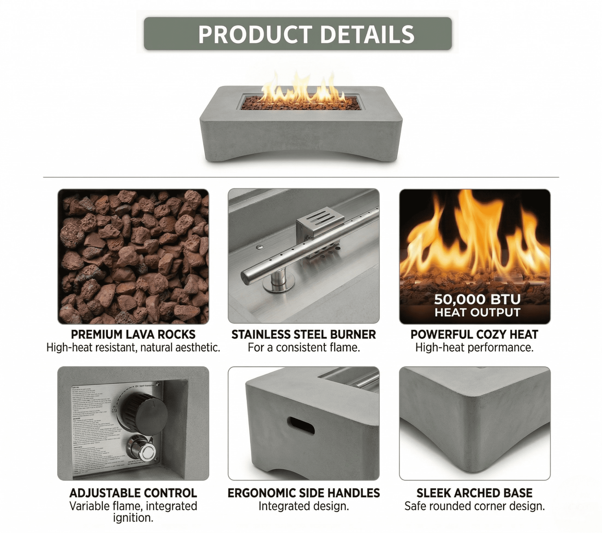 56" Propane Fire Pit Table, 50,000 BTU Outdoor Gas Fireplace, Rectangular Lightweight Concrete Fire Table with Waterproof Cover, Tank Seat & Lava Rocks, Modern Gray Patio Heater for Backyard & Deck