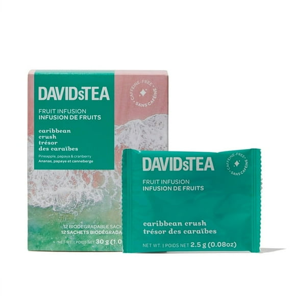 DAVIDsTEA Fruit Infusion, Caribbean Crush, Pack of 12 Individually Wrapped Sachets