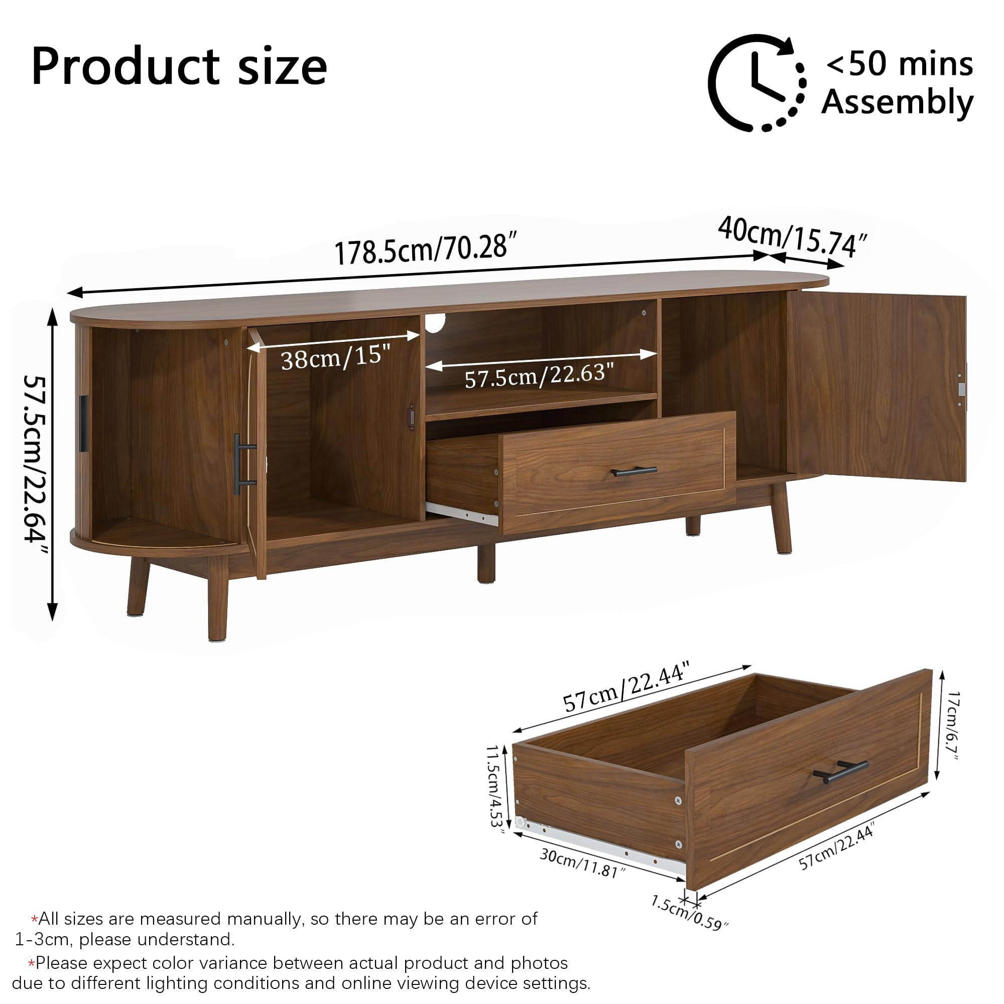 70" Fluted TV Stand for 80" TVs, Mid-Century Entertainment Center with Drawers & Sliding Doors, Curved Media Console