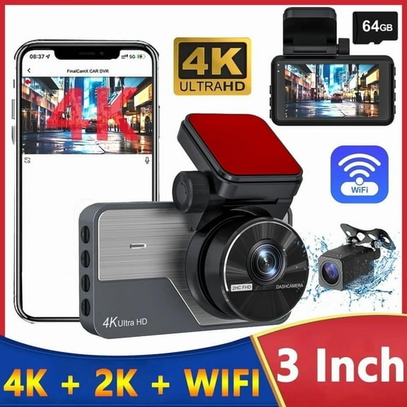 4K 2K Dash Cam,Front and Rear Dual Dash Camera for Cars with 64GB Card,Built-in Wifi,Night Vision,G-Sensor,Loop Recording, WDR, 24H Parking Mode