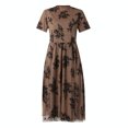 thumbnail image 4 of Moda mujer elegante sexy casual cuello redondo manga corta delgado brillante color sólido medio vestido largo Pompotops ghjkhdj10107, 4 of 8