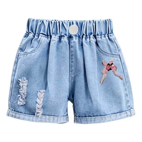 Big Girls Casual Jeans Shorts Bowknot Ripped Denim Summer Bottoms Elastic Waist For Kids Vacation Outfits Shorts Size 12-13T