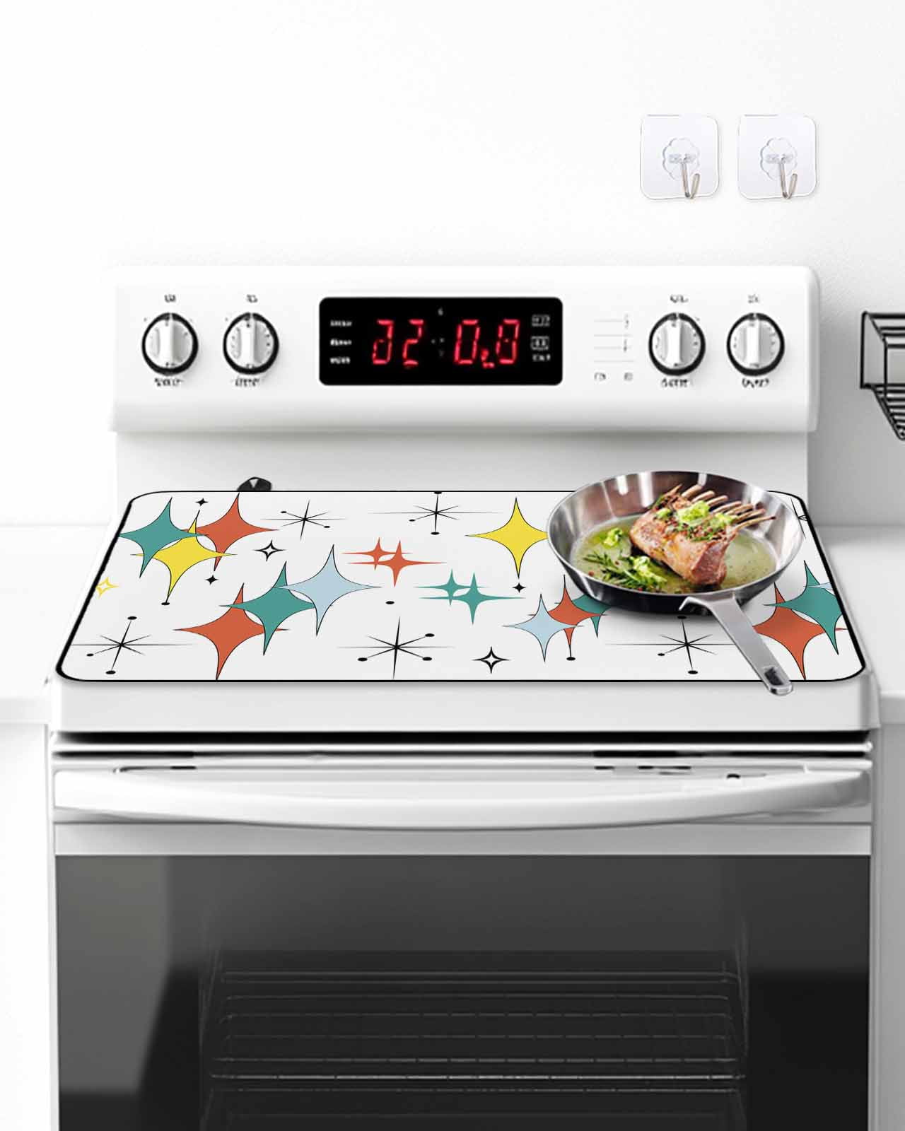 Stove Top Covers for Electric Stove, Middle Century Glass Stovetop Cover Protector, Boho Abstract Art Teal Orange Rhomboid Induction Cooktop Protector Oven Mat for Kitchen Countertop 24"x21"
