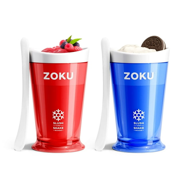 ZOKU Original Slush and Shake Maker, Slushy Cup 2 Pack para granizados caseros congelados rápidamente, batidos de frutas y batidos en minutos, sin BPA, rojo/azul, juego de 2