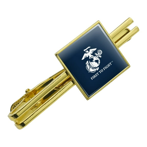 Marines USMC First to Fight Blue White Logo Officially Licensed Square Tie Bar Clip Clasp Tack- Silver or Gold