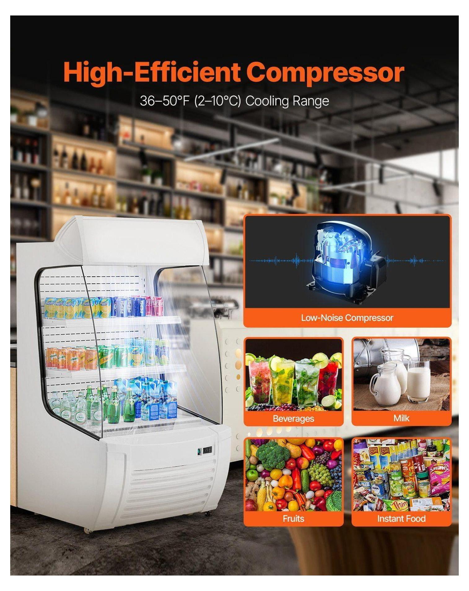 Open Air Merchandiser Cooler, 12.7 cu.ft 2-Tier Display Refrigerator with Air Curtain - Stainless Steel Commercial Refrigerator for Convenience Stores & Restaurants