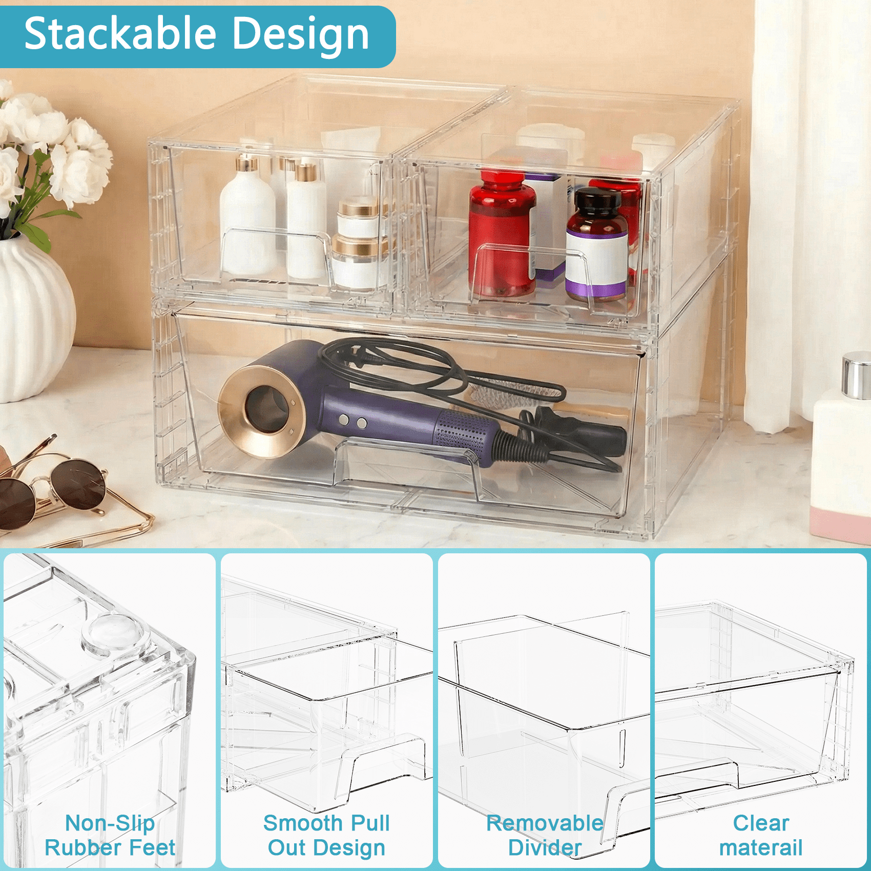 3 Pack Large Clear Stackable Drawers Storage, Clear Cosmetic and Makeup Storage Containers, Plastic Bins for Bathroom Cabinet and Countertop Organization