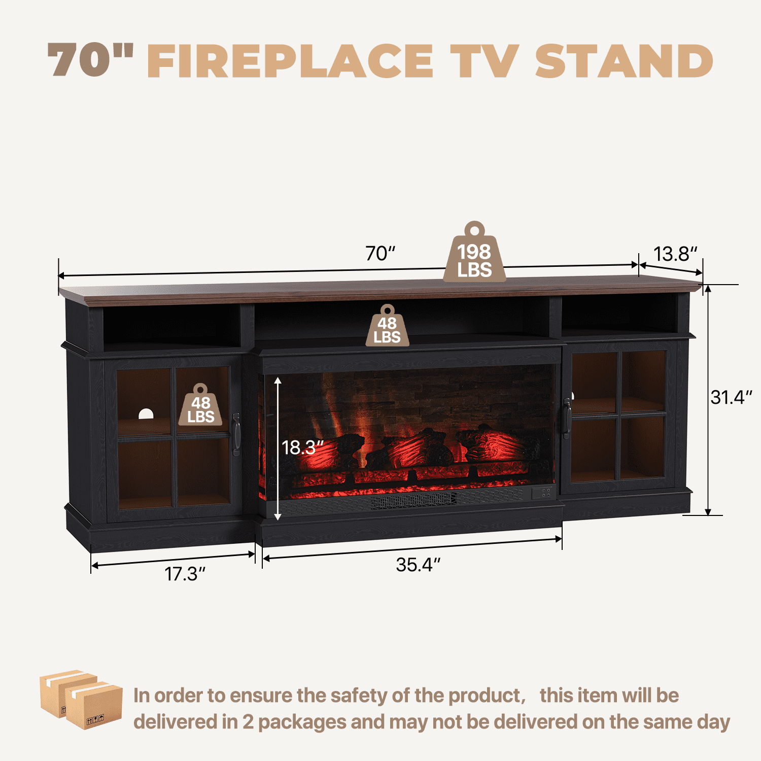 BaPiPro 70" Farmhouse Fireplace TV Stand for TVs Up to 80", Entertainment Center with 3-Sided 36" Electric Fireplace & LED Lights, 2 Drawers & 2 Storage Cabinet, Black