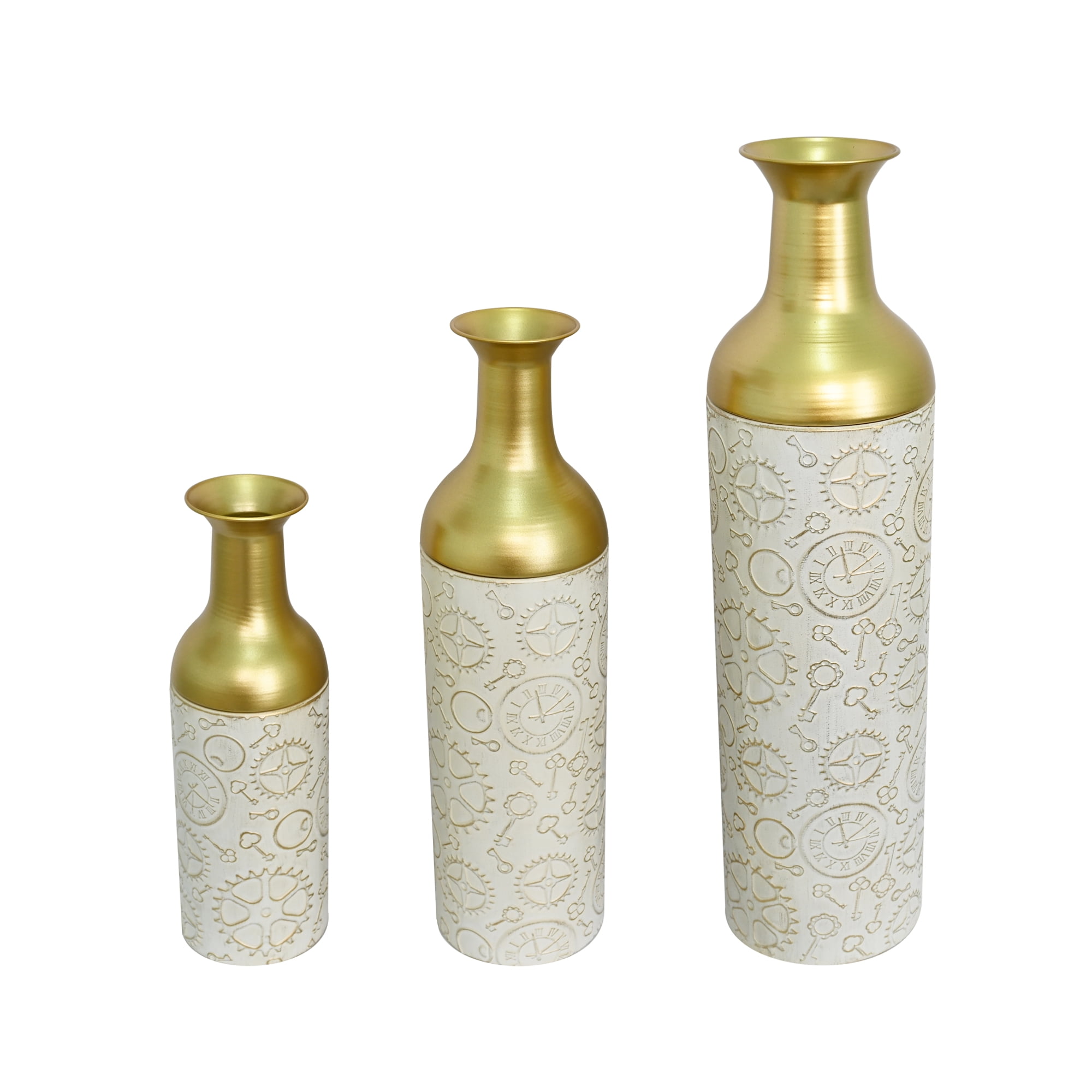 Leumius Decorative Metal Vases Set of 3, Antique White and Gold Leaf Pattern Floor Vases, Antique White and Gold Tall Vases for Home Decor, Living Room Entryway Decor