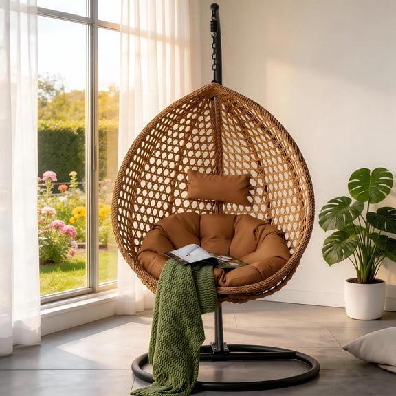 TesNus Hanging Egg Chair with Stand, Yellow Wicker Egg Swing Chair with Cushion, Indoor Outdoor Hammock Chair for Bedroom Patio Garden