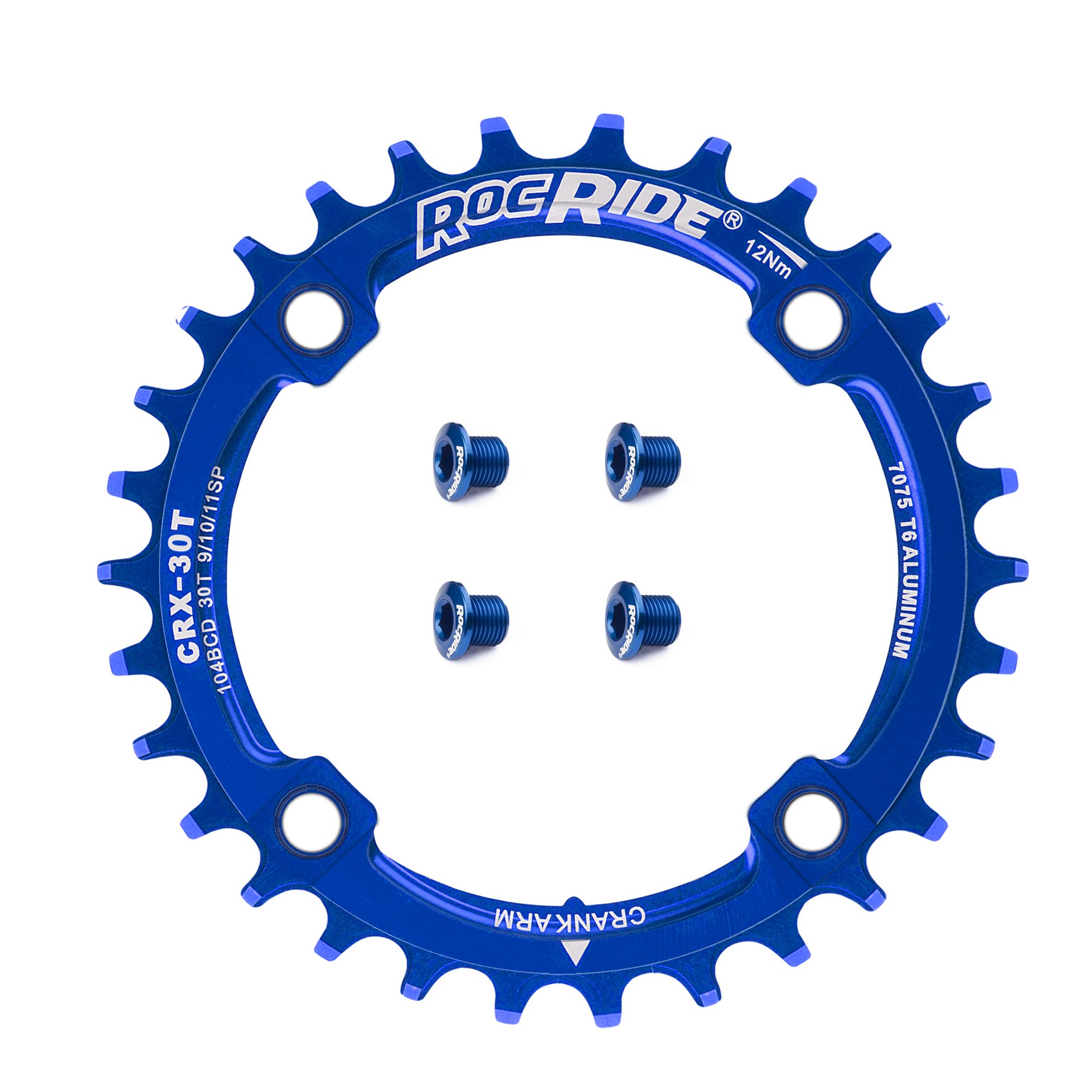 30T Narrow Wide Chainring 104 BCD Blue Aluminum With 4 Blue Aluminum Bolts By RocRide For 9/10/11 Speed. - image 1 of 5