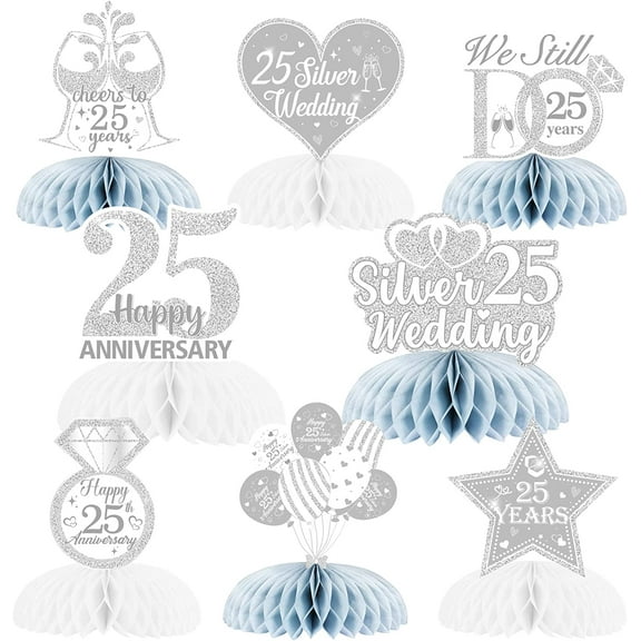 8Pcs Silver Wedding Table Decorations, Honeycomb Centerpieces Table Toppers Cheers to 25th Wedding Anniversary Honeycomb Table Topper for Happy Anniversary Decorations Romantic