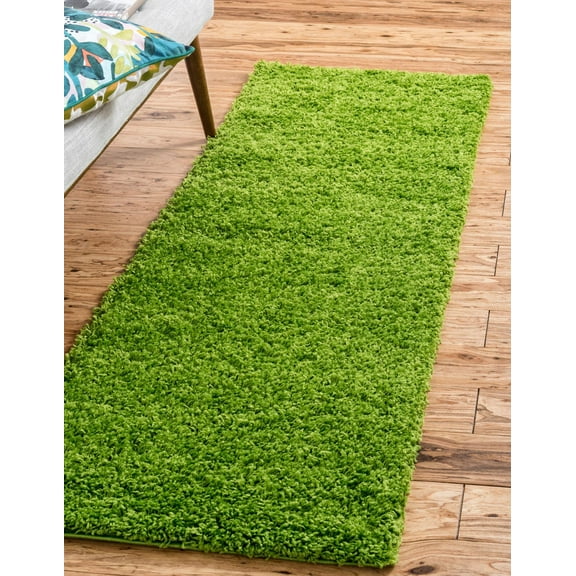 Rugs.com Solid Shag Collection Rug – 10 Ft Runner Grass Green Shag Rug Perfect For Hallways, Entryways