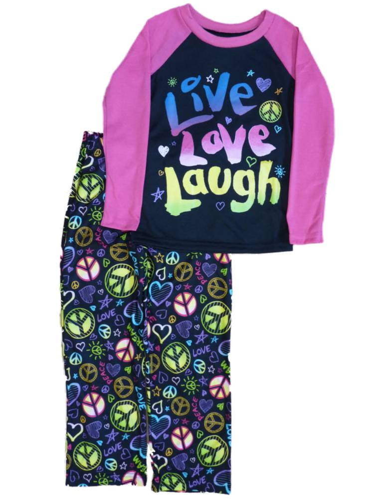 Hanes Girls black Live Love Laugh Pajamas PJS Pajama 2 Piece Sleep Set