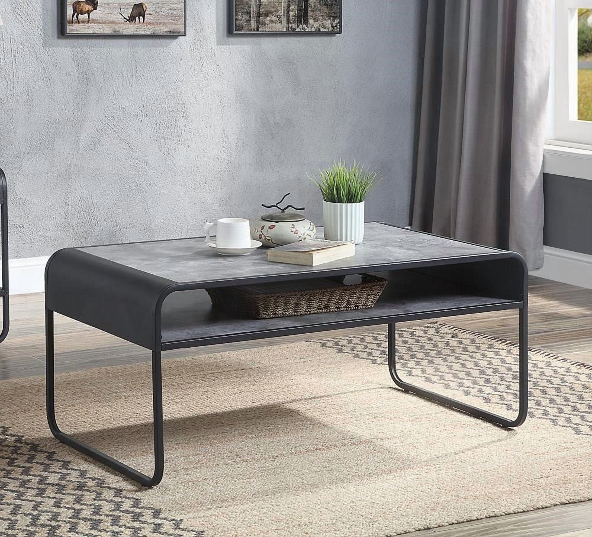 Modern Black Metal Frame Coffee Table with Concrete Gray Shelf|Sleek Design