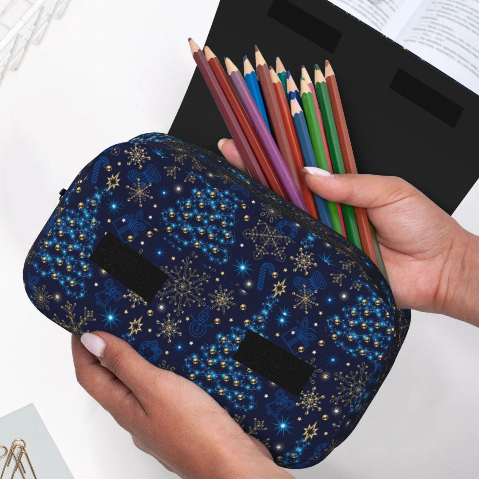 Rateoe Christmas Tree Pattern Double Clamshell Pen Case, Storage Organizer with Two Zipper Compartments– Holds Up to 50 Pencils & Pens