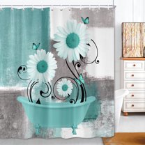 Green Daisy Flower Shower Curtain, Farmhouse Floral and Butterfly in Bathtub Shower Curtains for Bathroom, Rustic Country Abstract Geometric Floral Bath Decor Bathtub Set with 12 Hooks 70X70in
