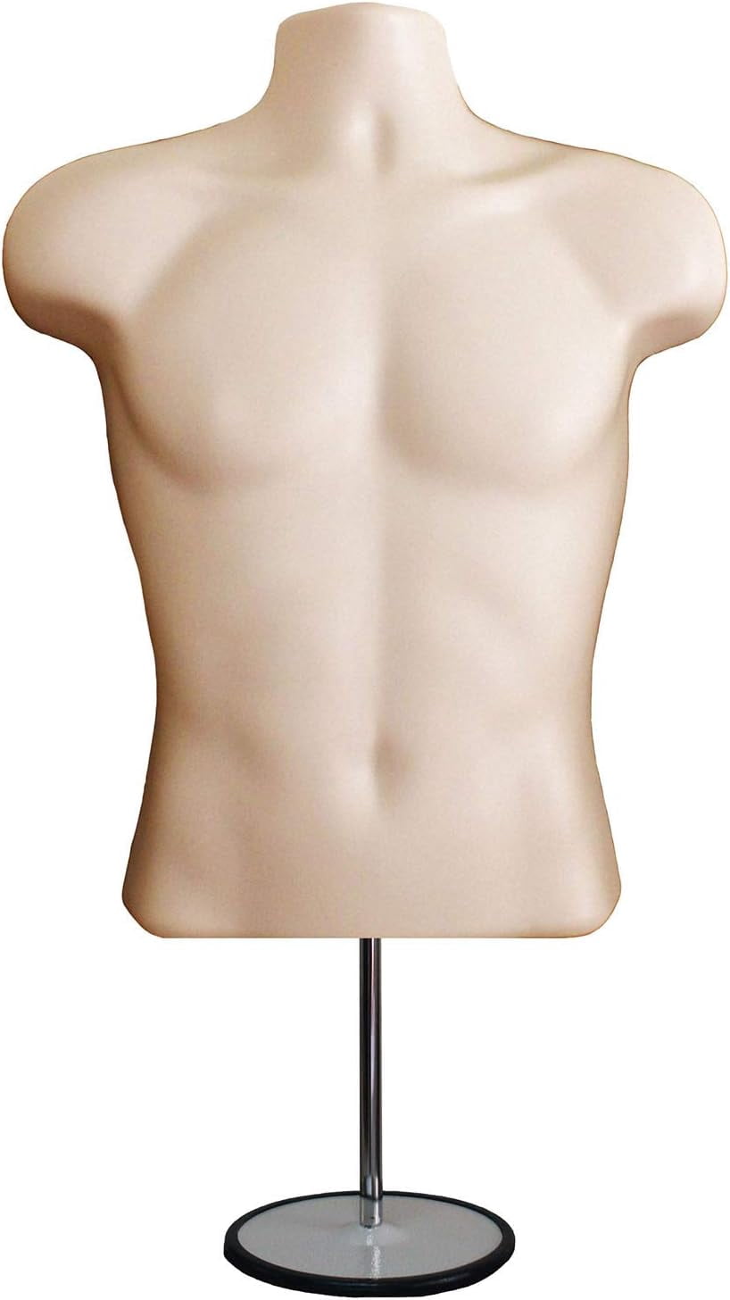 DisplayTown Flesh Male + Female Hollow Back Mannequin Torso Form w/ Single Metal Stand with Metal Pole, S-M Sizes