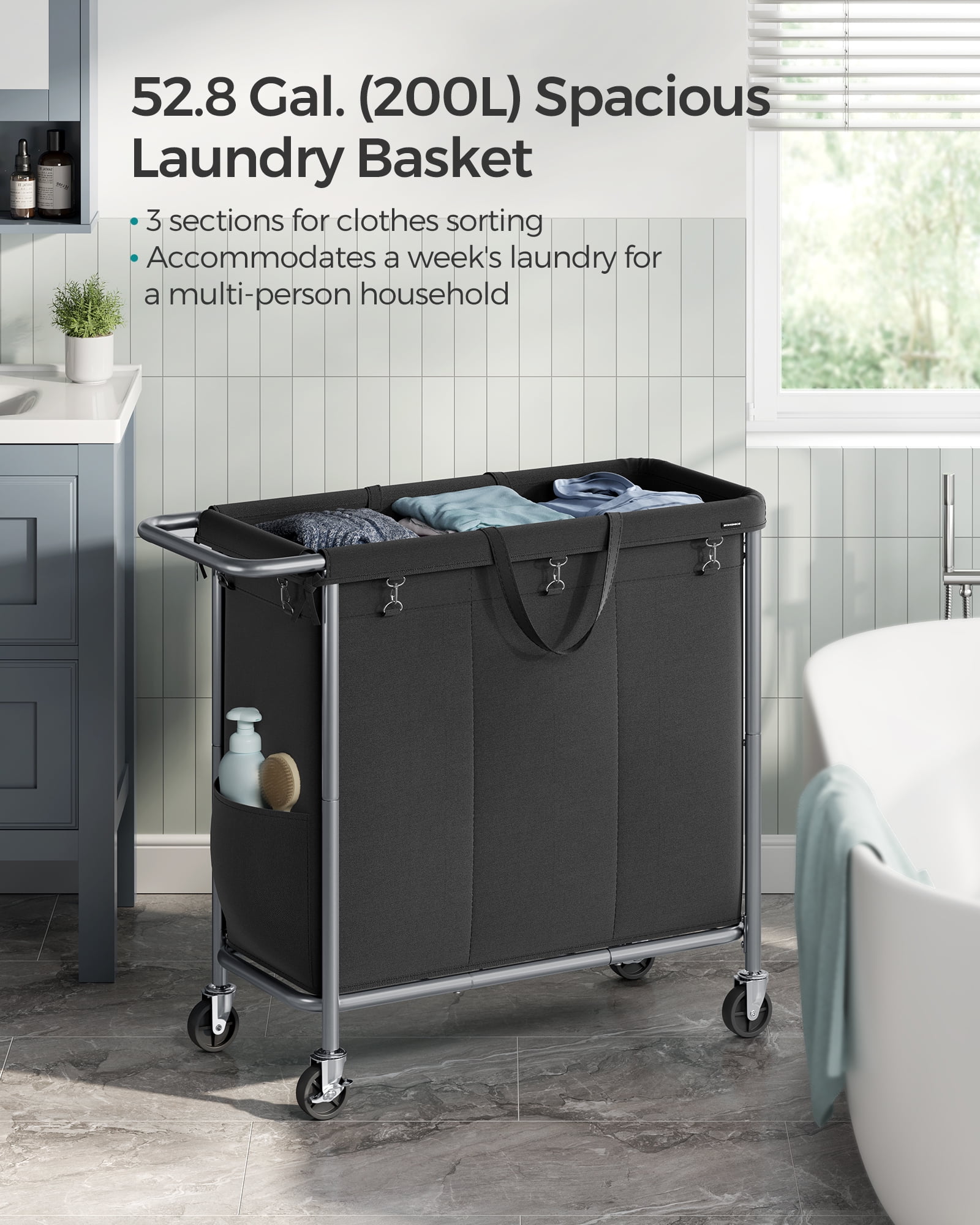 200L Laundry Sorter 3-Section Laundry Basket with Wheels Rolling Laundry Hamper with Removable Liner Ink Black