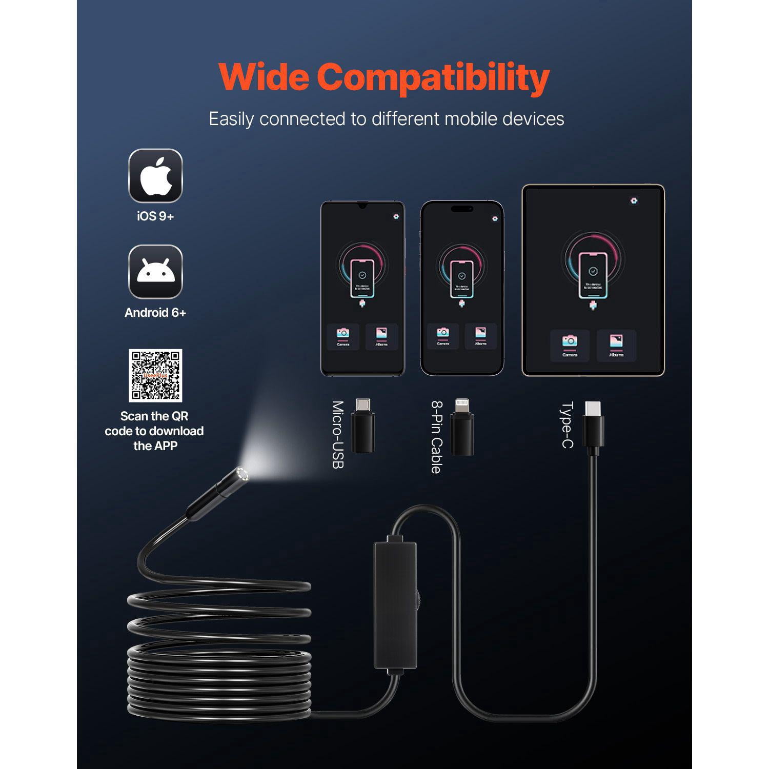 Endoscope Camera 1920P HD Borescope with 8 LED Lights 16.4FT Semi Rigid Cable 2X Zoom IP67 Waterproof for Android iOS Auto Plumbing Inspection