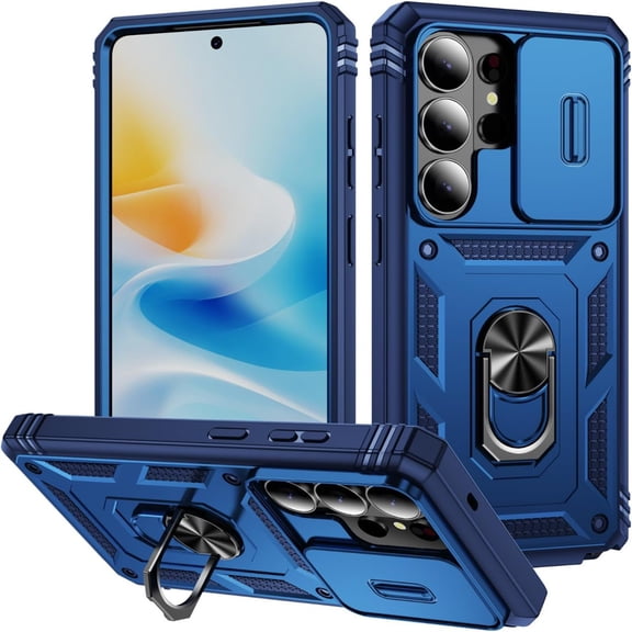 ELEHOLD Rugged Case For Samsung Galaxy S26 Ultra,Heavy Duty Hybrid Sliding-Camera Lens Cover 360° Rotation Ring Holder Kickstand Anti-Slip Shockproof Cover,Blue