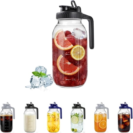 64oz Glass Mason Jar Pitcher with Lid, 2qt Breast Milk Pitcher with Spout | Leak-Proof Water Jug for Fridge, Iced Tea/Coffee Container, Juice Carafe with Handle, Wide-Mouth Easy Clean, BPA-Free