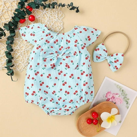 

Simplmasygenix Baby Jumpsuit Light Summer Girl Clothes ToddlerGirl Small Fruit Print Bow Cotton Romper Jumpsuit With Hairband