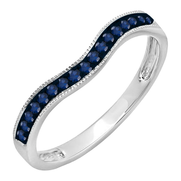 Dazzlingrock Collection Round Blue Sapphire Wedding Band Curved Guard Ring for Women (0.15 ctw, Color Blue, Clarity Highly Included) in 10K White Gold, Size 7.5