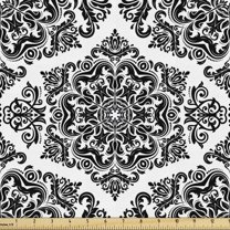 Abstract Fabric by the Yard, Monochrome Damask Style Motif Pattern on Plain Background, Decorative Upholstery Fabric for Sofas and Home Accents, White and Charcoal Grey by Ambesonne