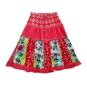 Mogul Womens Medieval Skirts Red Printed Cotton Patchwork Skirt